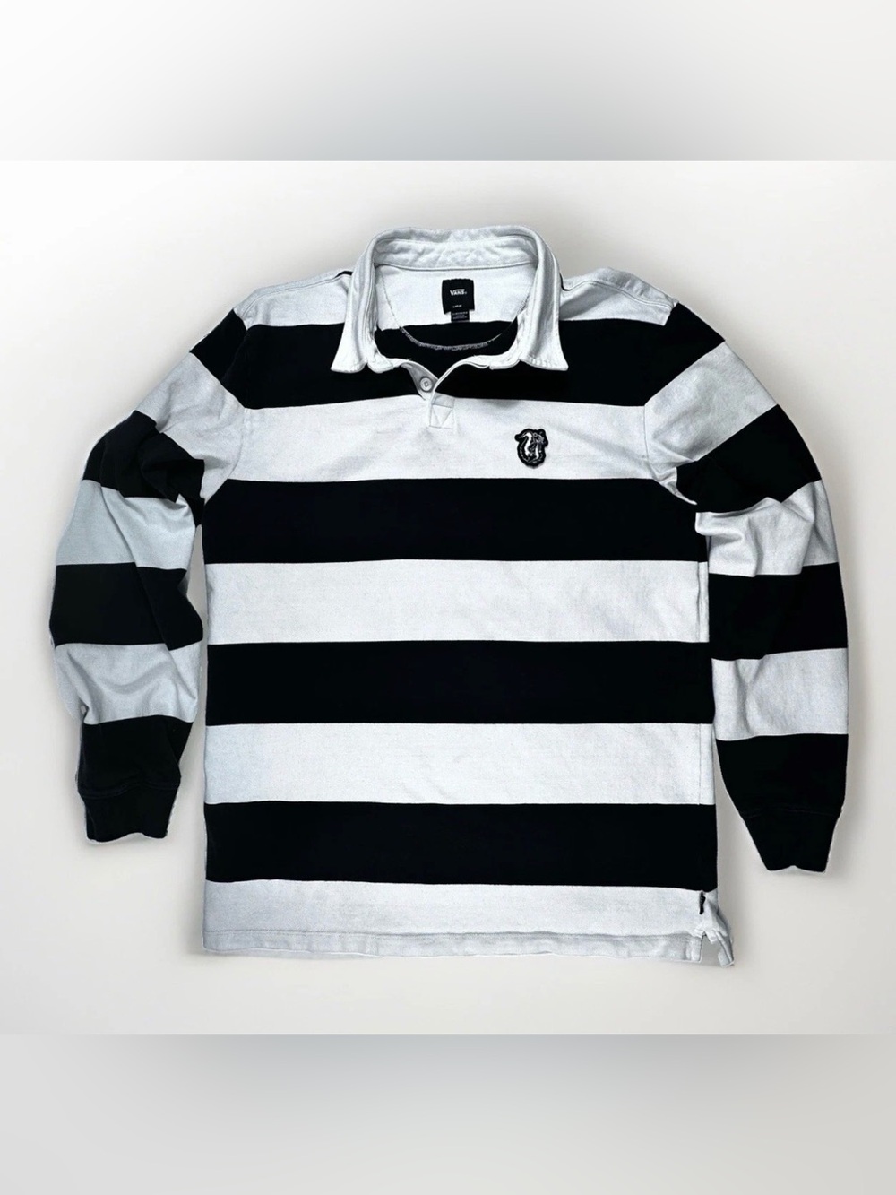 Vans Mens Large Rugby Shirt Black White Striped Long Sleeve Skater Streetwear
